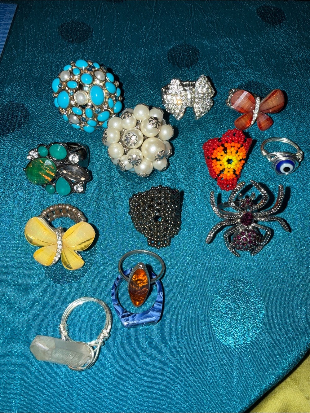 Lot of inexpensive, stretch, beaded, and costume rings